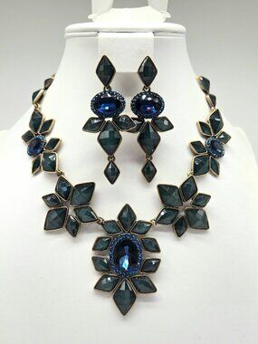 Oscar de la Renta Teal and Blue Crystal Statement Necklace and Earring Set